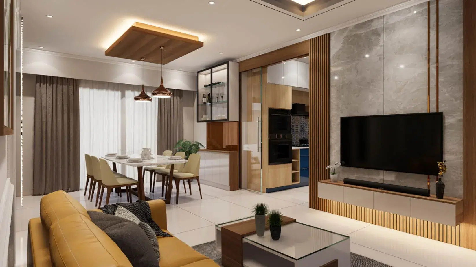 Elegant dining room with crafted wood table and pendant lighting